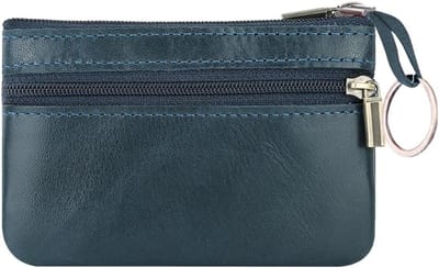 Dailygoods - Echt lederen muntportemonnee, kleine muntzak voor mannen vrouwen, wisselgeld portemonnee sleutelhangerbewaarzak met sleutelring, ritssluiting opbergzak munt organizer, blauw, Classic