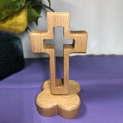 Massief Houten Kruis Ornamenten Basis Met Magneet Pasen Jezus Christendom Katholicisme Huis Valentijnsdag Cadeau Knutselwerkjes Feestbedankjes 7-8cm&2.3cm beige