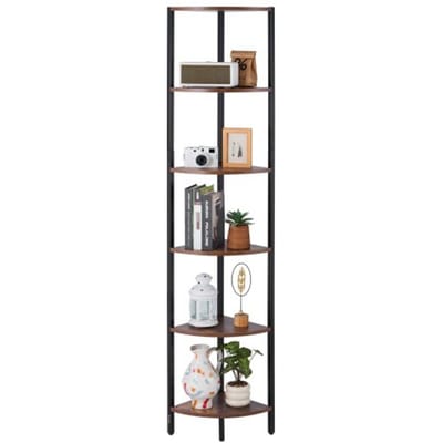 VEVOR 6-laags hoekschap, hoge hoekstandaard met led-verlichting, displayplank, opbergrek met metalen frame en houten planken, staande plank, tentoonstellingsboekenplank voor slaapkamer, woonkamer, kantoor, bruin