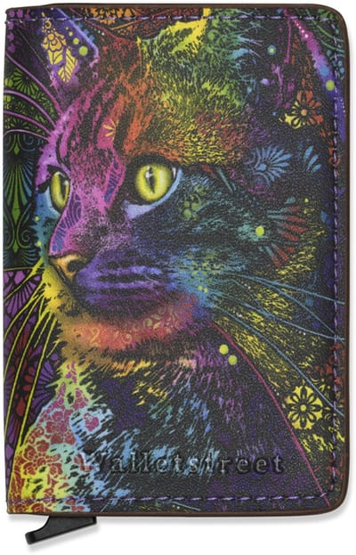 Walletstreet™ Leren Pasjeshouder – Colorful Cat Art Design – RFID Anti-Skim Portemonnee Heren & Dames – Uitschuifbare Cardholder – 9 Pasjes + Briefgeld – Compacte Luxe Creditcardhouder – Kaarthouder – Cadeau voor Mannen en Vrouwen