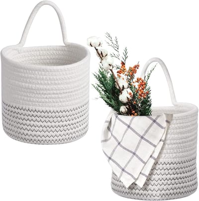 HG579 Set van 2 geweven Touw Hangmanden met Handvat - Wandmanden Ronde Containers 15 x 12,5 cm voor thuis, plantenspeelgoed HG579