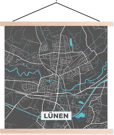Posterhanger incl. Poster 40x40 cm - Schoolplaat - Stadskaart – Kaart – Lünen – Blauw – Duitsland – Plattegrond - Textielposter - Blanke latten - Stadskaart