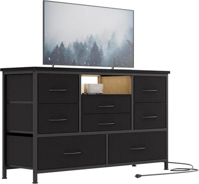 Tv-meubel met stoffen lades- commode- tv-meubel met ledverlichting- metalen frame- dressoir met organizer- voor slaapkamer- hal- woonkamer- zwart en grijs