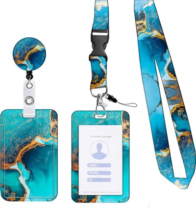 Travel Cords - Pashouder Set Marble Blue Gold - 4-delig - badgehouder - pashouder - keycord - telefooncord - passen, sleutels en telefoon - liftpas