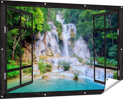 Gards Tuinposter Doorkijk Waterval in het Tropische Natuur - 150x100 cm - Tuindoek - Tuindecoratie - Wanddecoratie buiten - Tuinschilderij