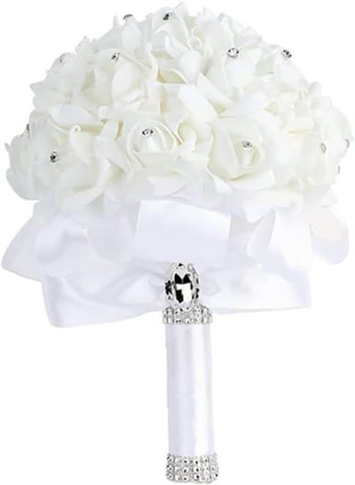 Nep Bloemenboeket - Kunstbloemen Bruiloft - Bruiloft Decoratie - Met Strass-steentjes - 18 x 18 x 18 cm - Wit