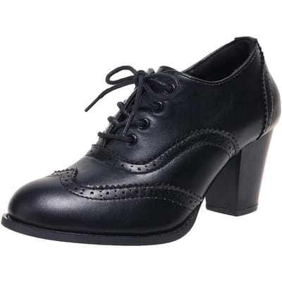 Britse Dames Enkellaarsjes Oxfords Hoge Blokhakken Pumps Bruin Leer Ronde Neus Jurk Kantoor Dames Veterschoenen Vintage Schoenen 39 black