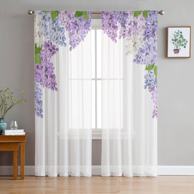 Paarsblauwe en witte lila bloemen doorschijnende gordijnen voor woonkamerraam Transparante voile tule gordijn slaapkamer gordijnen 135W x 137H(cm)