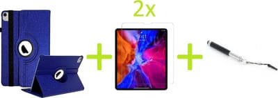 Geschikt voor Apple iPad Air 4 (2020) 10.9 inch Multi Stand Case - 360 Draaibaar Tablet hoesje - Tablethoes - Donkerblauw + 2x Screenprotector + Stylus