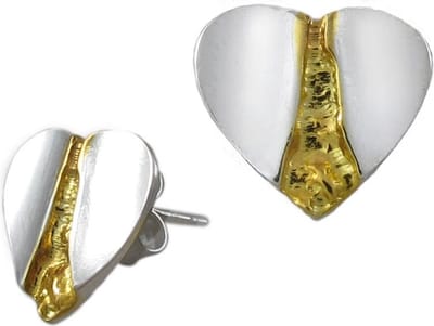 Oorbellen, hang, Zilveren hart met een rivier van goud