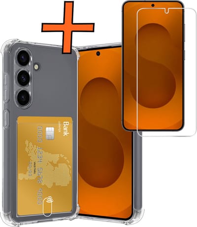 Hoes - Geschikt voor Samsung Galaxy S25 - Met Screenprotector - En Pashouder - En Kaarthouder - Telefoon Hoesje Shockproof - Siliconen Case - Back Cover - Shock Proof - Pasjes Houder - Transparant