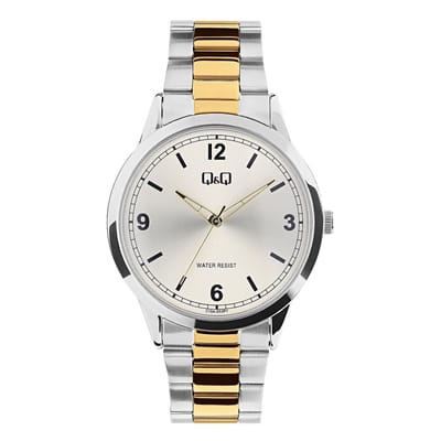 Q&Q C10A-053PY - Horloge - Analoog - Heren - Mannen - stalen band - Rond - Metaal - Cijfers - Streepjes - Zilverkleurig - Goudkleurig