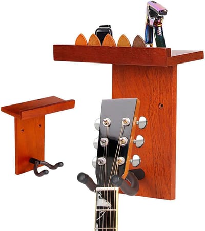 Gitaar Wandbeugel - Instrumentenhaak - Muziekruimte Decoratie - Met Plectrumhouder - 7.3 x 13.1 x 7.3 cm - Houtkleur