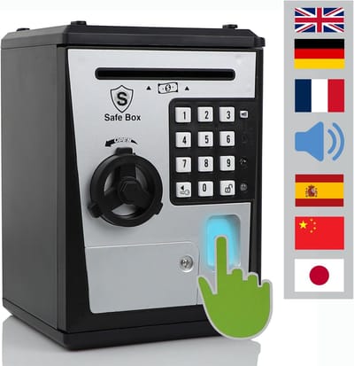 Kinderkluis Spaarpot - Elektronische Kluis - Geld Leren Besparen - Code en Vingerafdruk - 19 cm Hoog - Zwart Zilver