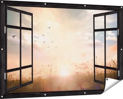 Gards Tuinposter Doorkijk Silhouet Vogels tijdens Zonsopkomst - 150x100 cm - Tuindoek - Tuindecoratie - Wanddecoratie buiten - Tuinschilderij