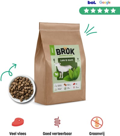 BROK Hondenvoeding - Lam & Munt - 6 KG Graanvrij Hondenvoer - BROK voor Volwassen Honden - Gezonde Hondenvoeding - Licht Verteerbaar Hondenvoer - Hondenbrokken Met Veel Vlees - Premium Hondenvoer