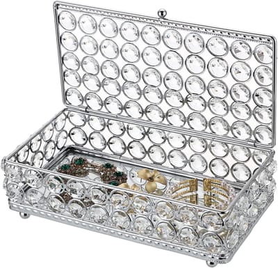 Kristallen Sieradendoos - Snuisterijen Opberger - Sieraden Organiseren - Met Deksel - 21 x 105 cm - Zilver