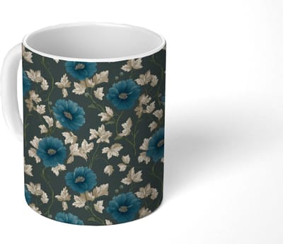 Mok - Koffiemok - Botanisch - Bloemen - Blauw - Mokken - 350 ML - Beker - Koffiemokken - Theemok