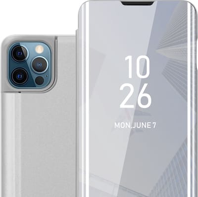Cadorabo Hoesje geschikt voor Apple iPhone 12 PRO MAX in AGAAT ZILVER - Clear View Spiegel Beschermende Case met Tribunefunctie 360 Graden Bescherming Book Case Cover Etui