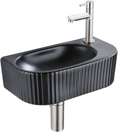Fugaflow Efficiente Pietra Fonteinset - 40x21.5x12cm - rechts - geribbeld - halfrond - 1 kraangat - keramiek - fonteinkraan geborsteld rvs - afvoerplug - verlaagd sifon - zwart mat