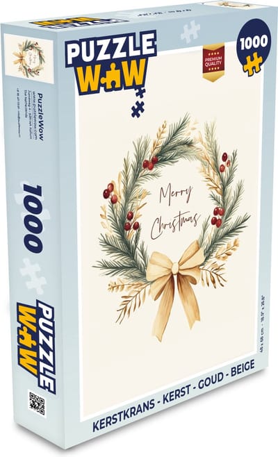 Puzzel Kerstkrans - Kerst - Goud - Beige - Legpuzzel - Puzzel 1000 stukjes volwassenen - Kerst - Cadeau - Kerstcadeau voor mannen, vrouwen en kinderen