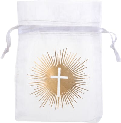 SANTEX - 6 witte organza zakjes ceremonie goud met kruis 7,5 x 10 cm
