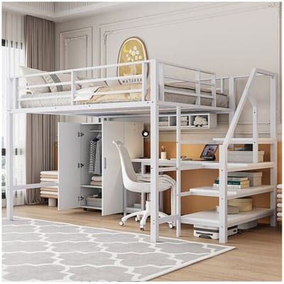 Merax Hoogslaper 140 x 200 cm met bureau, kledingkast en planken - Metaal + MDF - Wit (zonder matras)