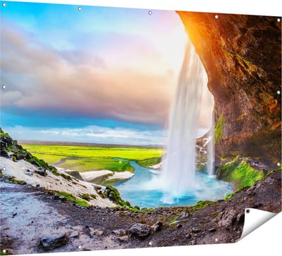 Gards Tuinposter Waterval van een Klif bij Zonsondergang - 160x120 cm - Tuindoek - Tuindecoratie - Wanddecoratie buiten - Tuinschilderij