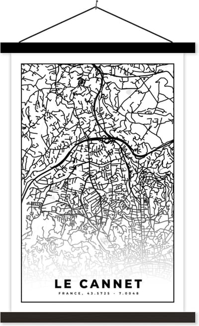 Posterhanger incl. Poster 40x60 cm - Schoolplaat - Kaart - Plattegrond - Le Cannet - Frankrijk - Stadskaart - Zwart wit - Textielposter - Zwarte latten - Stadskaart