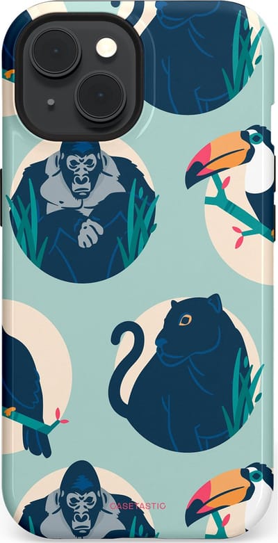 Casetastic hoesje geschikt voor Apple iPhone 15 - MagSafe - Dubbellaagse bescherming - Wilde Dieren Mix - Fashion Case - Lichtgrijs Donkerblauw Crème Donkergrijs