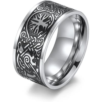 Roestvrijstalen Levensboom Odin Raaf Retro Ring Noorse Viking Keltische Knoop Ring 10# gray