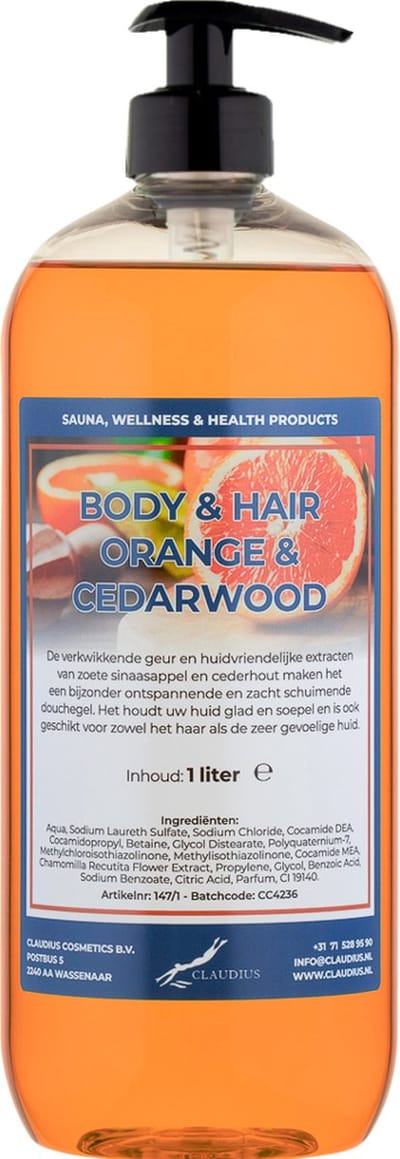 Body & Hair Sweet Orange & Cedarwood 1 Liter - met gratis pomp - 2 in 1 voor lichaam en haar.