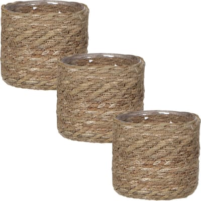Mica Decorations Plantenmand - 3x stuks - rotan - naturel met bruin - 14 x14 cm - Met plastic binnenkant