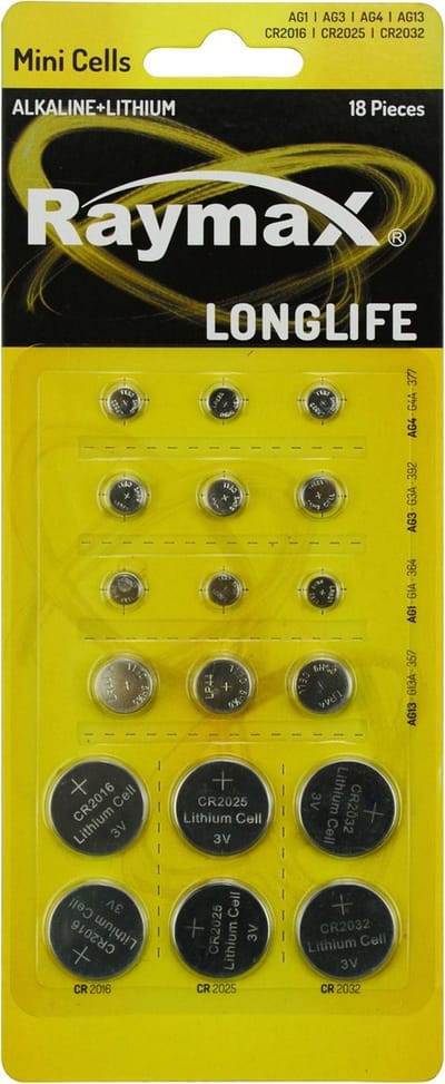 Knoopcellen batterijen 18 stuks - Assortiment 7 types - Alkaline / Lithium - Longlife batterijen set Raymax - AG1, AG3, AG4, AG13, CR2016, CR2025, CR2032
