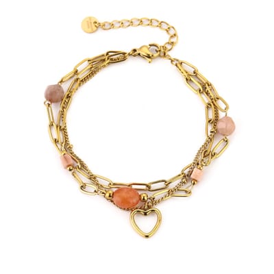 Layered Dames Armband met Hartje & Oranje Natuursteen – Goudkleurig Stainless Steel – Kleurvast – Verstelbaar 16 + 3 cm