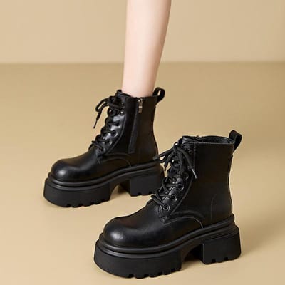Dikke Hielen Enkelboots voor Dames Veters Zwart Chunky Laarzen Nieuw Winter Leren Laarzen Vrouw Platform Punk Schoenen 7CM Hoge Hakken 40 zwart