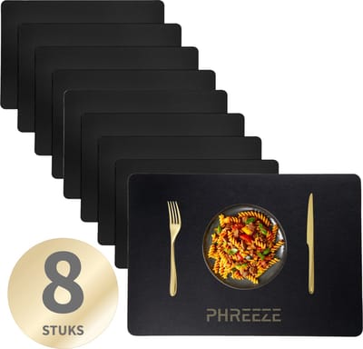Luxe Placemat Kunststof - 45 x 30 cm - Set van 8 Stuks - Lederlook Placemats - Antislip - Waterafstotende Onderlegger - Onderzetter - Zwart