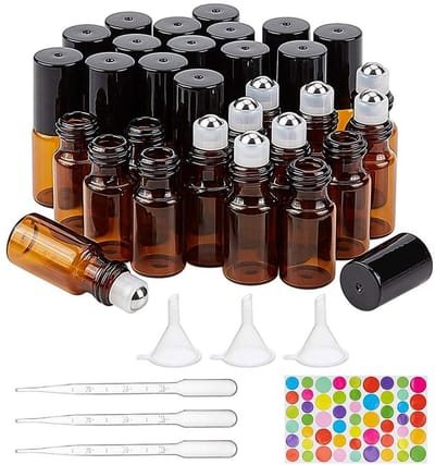 Dailygoody - Amberkleurige Flessen - Mini Rolflesjes - Voor Etherische Olie - 30 Stuks - Inclusief Druppelaars en Etiketten - Herbruikbaar