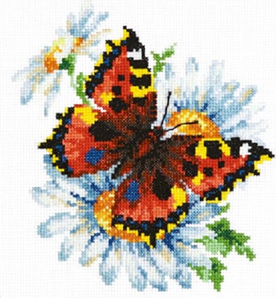 Borduurpakket vlinder met margrieten - Magic needle met telpatroon.