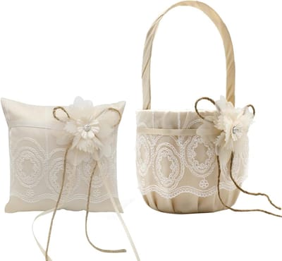 Bloemenmand Ringkussen Set - Bruiloft Accessoires - Bruiloft Versieren - Elegant Kant Design - 15x15cm Kussen - Champagne