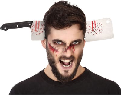 Halloween/horror verkleed hoofdband - dikke pech - hakmes door je hoofd - kunststof