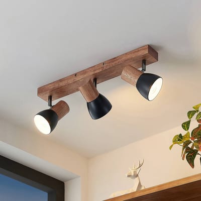 Lindby - buitenspot - 3lichts - Staal, rubberhout - H: 14.5 cm - E14 - zwart, licht hout