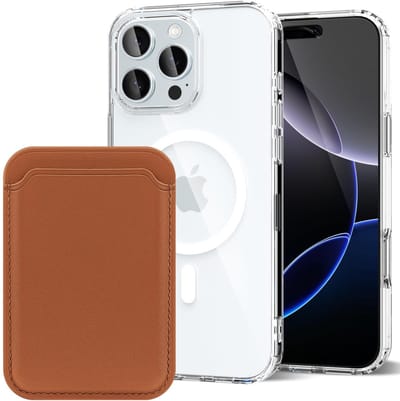 Shockproof Anti Shock Back Cover Hoesje Compatibel met MagSafe Geschikt voor: Apple iPhone 16 Pro met Magnetische Pasjeshouder - Bruin