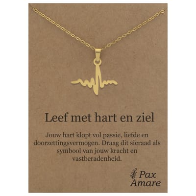 Stainless Steel Levenslijn ketting op Cadeau Kaartje - Leef met hart en ziel - 45cm Goudkleurig Roestvrij Staal - Pax Amare
