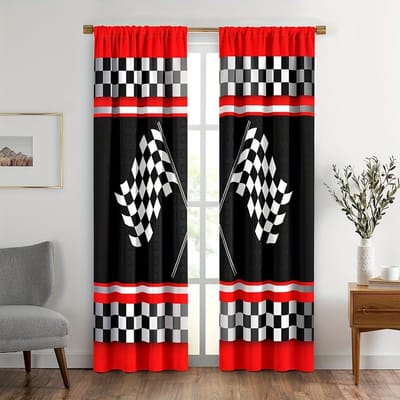 2 stuks Raceauto Vlag Gordijnen Zwart Wit Geruit Gekruist Racing Ruit Vlag Tunnelzak Raambekleding voor Kamerdecoratie. 150x166cm black