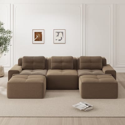 MODFU Modulaire Bank In U-Vorm - Diepe Zitting En Montagevrij - Minimalistisch - Voor Woonkamer - Ribstof - Bruin