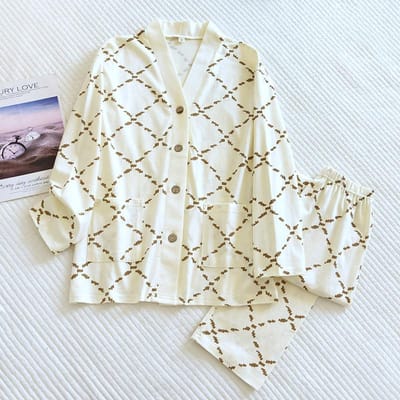 Nieuwe Lente/Zomer Dames Pyjama Set 100% Katoen Dames Diamantruit V-Hals Lange Mouw Broek Tweedelig Huispak Nachtkleding XL