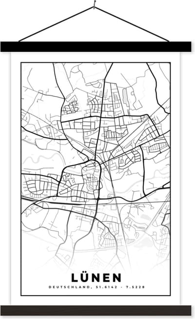 Posterhanger incl. Poster 40x60 cm - Schoolplaat - Lünen - Plattegrond - Kaart - Stadskaart - Textielposter - Zwarte latten - Stadskaart