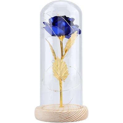 Geconserveerde Roos Bloem LED Licht met Glazen Koepel & Houten Basis Valentijnsdag Bruiloft Blauw Blue white