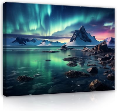 Canvas Schilderij - Noorderlicht - Natuur - Landschap - Bergen - Stenen - Water - Sneeuw - IJs - Inclusief Ophangframe - 100x75cm (lxb)